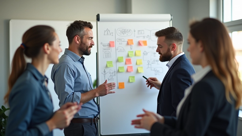 Team in vergadering analyseren grafieken op whiteboard met kleefnotities