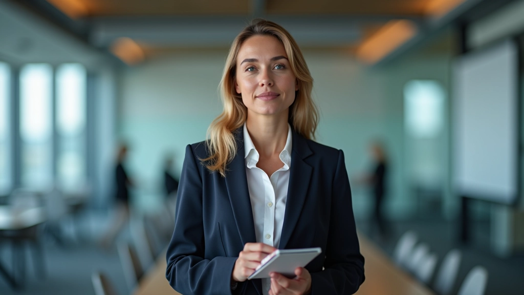 Professionele vrouw met notitieblok analyseert diagrammen in vergaderruimte